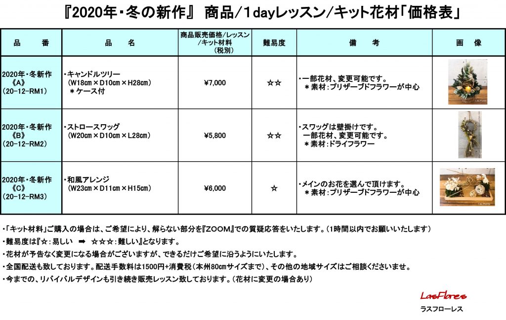 2020年冬新作価格表